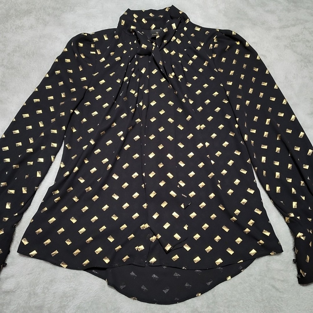 Worthington Blouse Ladies M Black/Gold Neck Tie Semi Sheer Long Sleeve‎ Evening